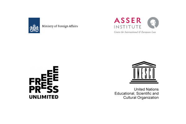 Logos Dutch MFA, Free Press Unlimited, Asser Institute, UNESCO